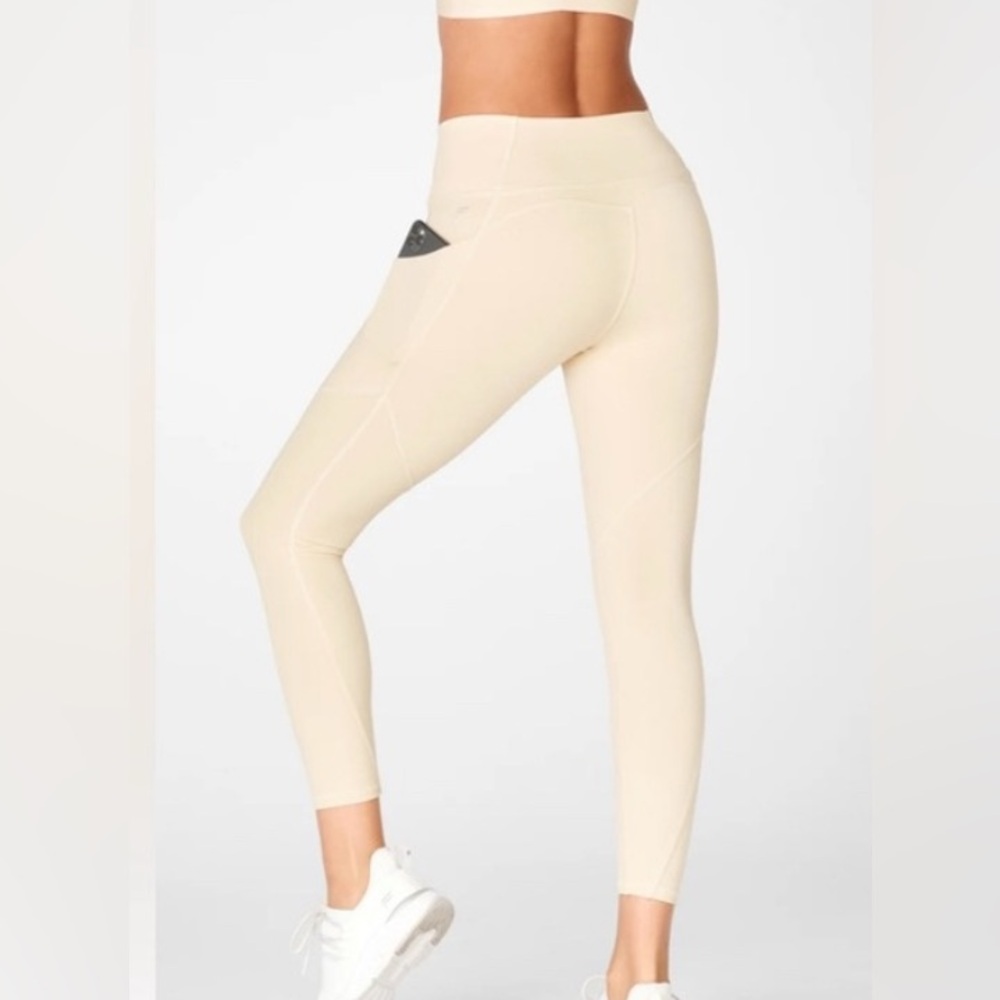 Fabletics PureLuxe Cream Leggings with Elastic Waistband and Pockets